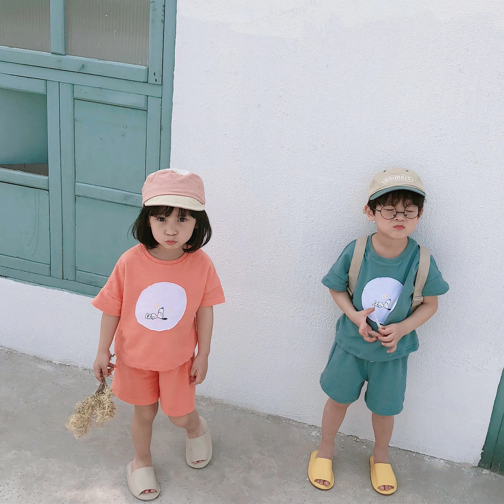 

Korean style Summer cartoon printed clothes sets for boys and girls 2019 cotton short sleeve Tee+ shorts