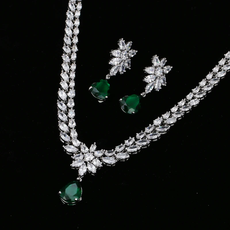 EMMAYA Romantic Trendy  Flower Design Water Drop CZ Wedding Jewelry Sets For Brides Silver-color