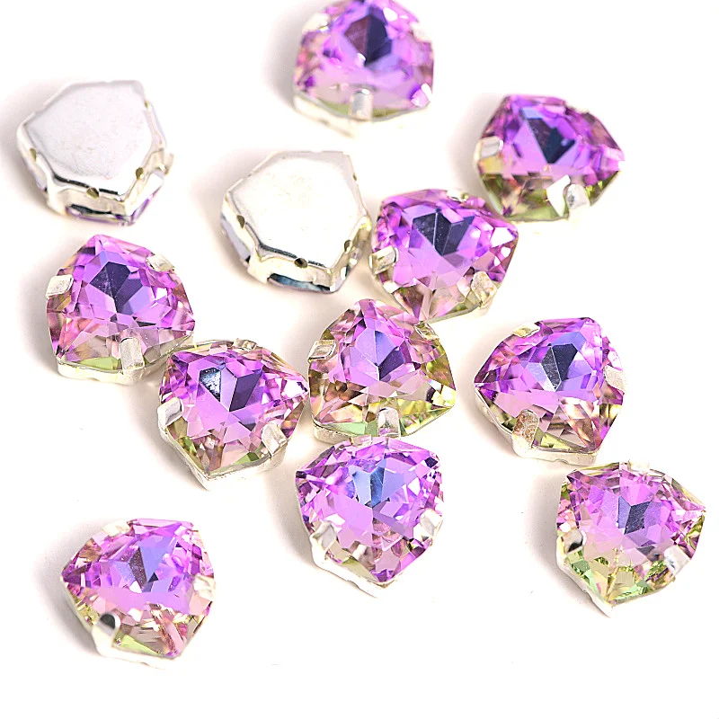 12mm High Quality Sew On Claw Rhinestone Vitrail Light Fat Tri-angle Glass Sewing Rhinestone with Silver Claw For Garment F0069