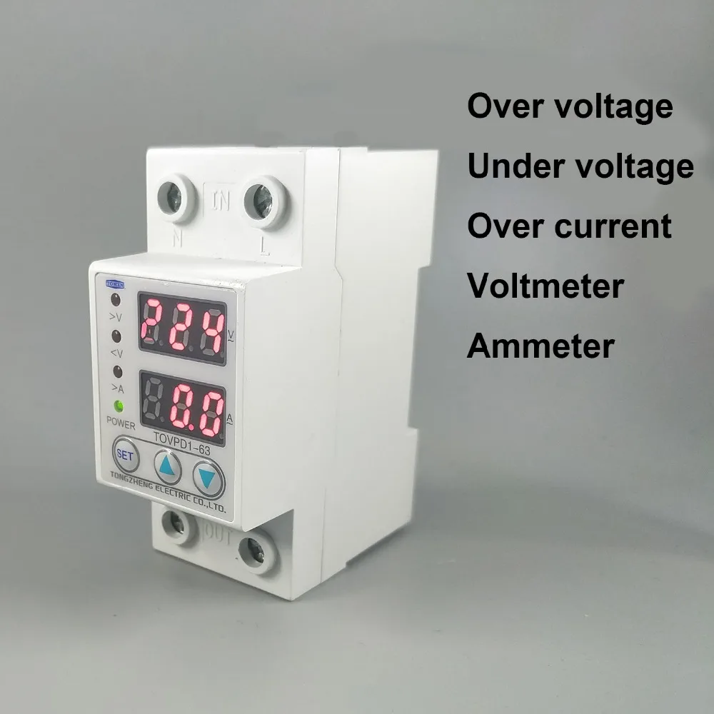 60A 230 В din-рейку регулируемый над и под напряжением Защитный протектор устройства реле с защитой от превышения тока Вольтметр