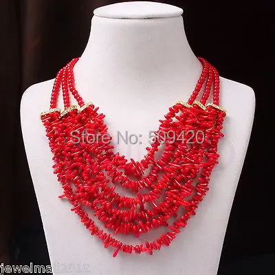 

W&O655 >>>>>Sweet red coral chip round bead multi row golden spacer necklace