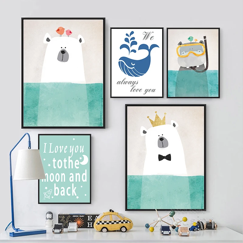 

Modern Nordic Kawaii Bear Hippo Bird Animal A4 Art Prints Poster Cartoon Wall Pictures Canvas Painting No Framed Kids Room Decor