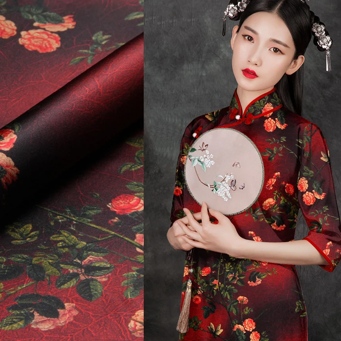 

118CM Wide 19MM 93% Silk & 7% Spandex Floral Print Dark Red Stretch Silk Satin Fabric for Summer Clothes Cheongsam D920