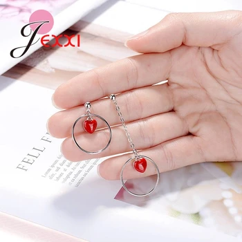 

925 Sterling Silver Long&Short Paragraph Mystery Style Large Ring With Red Classic Love Shape Dance Party Earrings