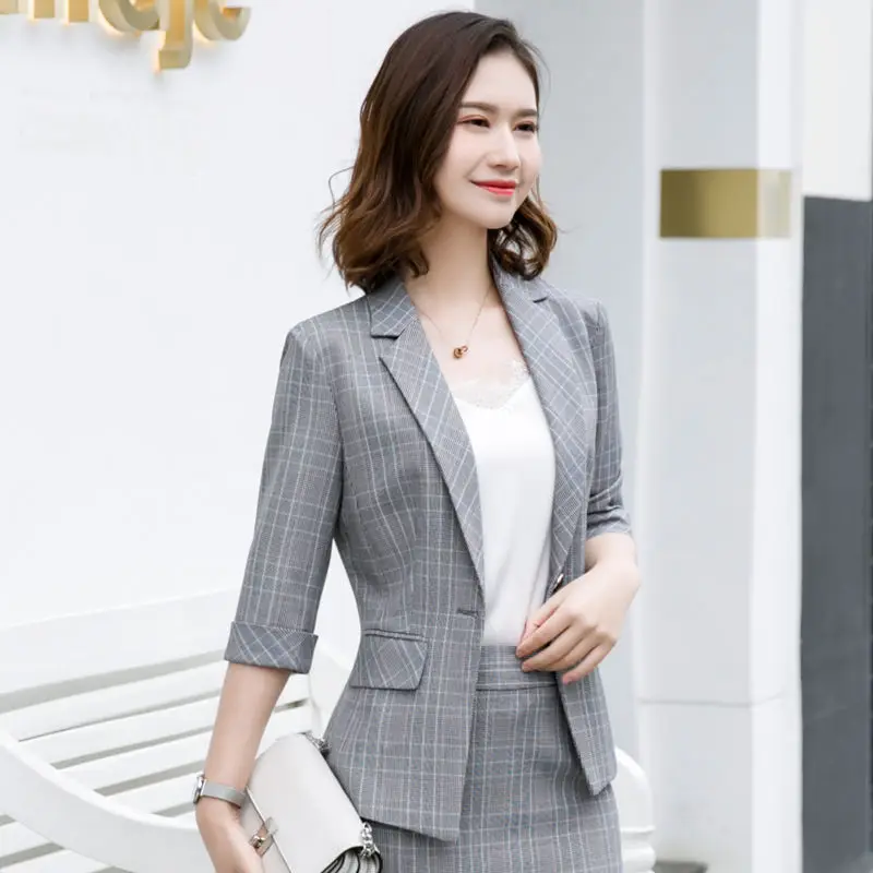 Dushicolorful plaid blazer women jacket Three-quarter sleeve slim OL blazer mujer 2019 office ladies Notched Collar Casual tops