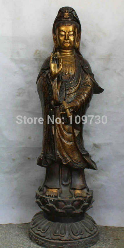 

002042 40 Chinese Bronze Gild Stand Vase Kwan-yin Guan Yin Boddhisattva Goddess Statue