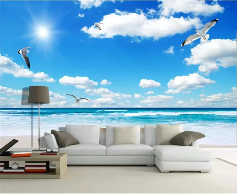

Custom Wall Mural Wallpaper Blue Sky White Clouds Sunshine Beach Maldives Sea View TV Backdrop Photo Wall Paper Wall Painting 3D