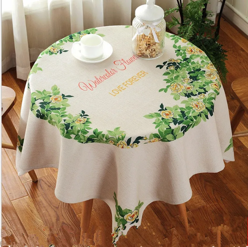 Green Leaves &Floral Cotton&Linen Blending Round Table Cloth Home