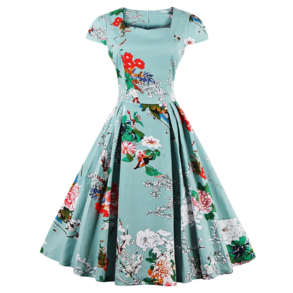 

Wipalo Elegant Floral Vintage 1950S Plus Size Cotton Dress Flower Print Women Cap Sleeve Summer Green Retro Pleated Dresses