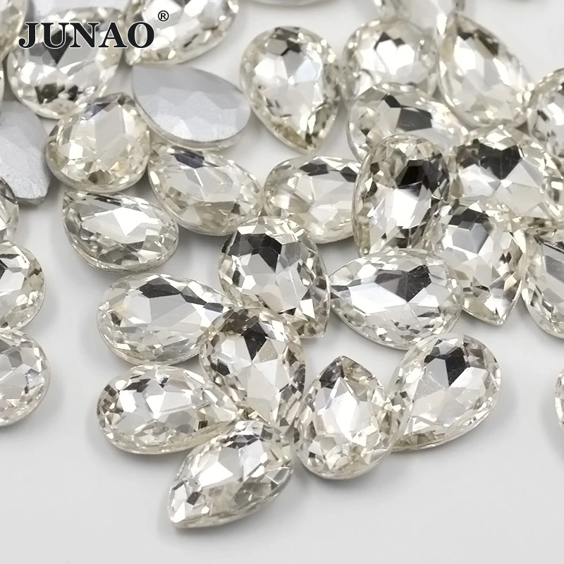 

JUNAO 50pcs 13*18mm Clear AB Teardrop Glass Rhinestone Applique Pointback Diamond Strass Non Sew Crystal Stones for DIY Crafts