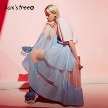 Samstree, женские тюлевые юбки, лето, винтажная Лоскутная длинная юбка до середины икры, Женская юбка в полоску с эластичной талией