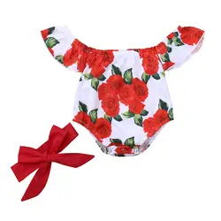 Для новорожденных девочек с открытыми плечами с летящими рукавами Цветочный принт + повязка на голову Ромпер Комбинезоны Детская одежда