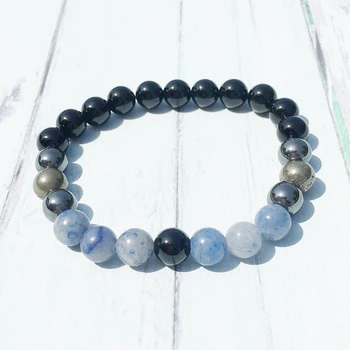 

MG0453 Men`s 8 mm Black Onyx Bracelet Natural Blue Aventurine Negative Energy Bracelet Hematite Pyrite Power Bracelet