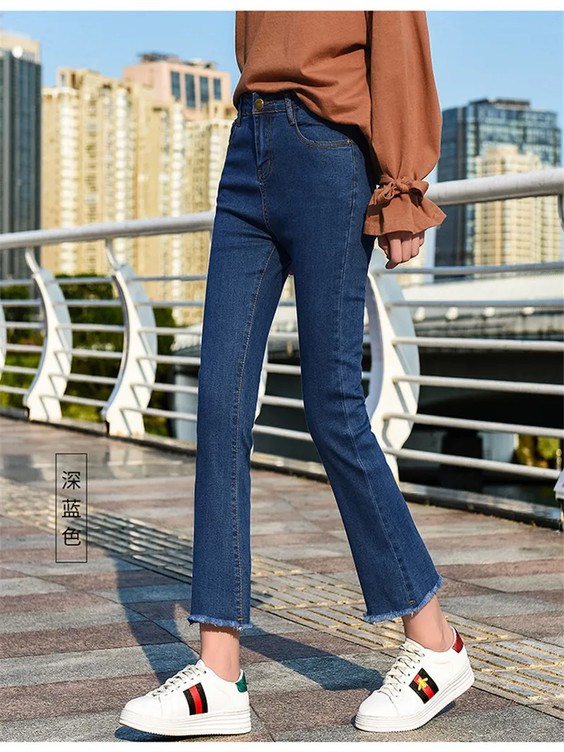 Women Spring Elastic Denim Pocket Button Casual Boot Cut Pant Jeans Female High Waist Flare Jeans Ankle Length Skinny Pants 2022 denim jacket for women