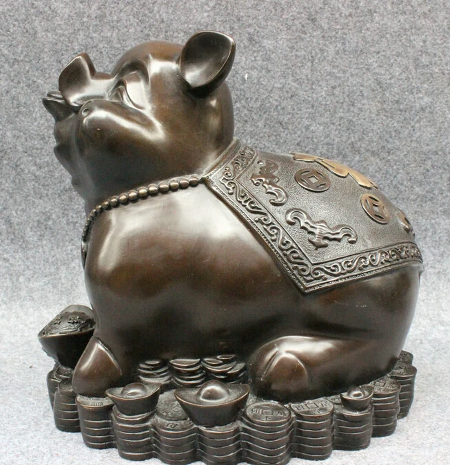

S5412 12" Folk Chinese Refined Pure Bronze Happy Fu Pig On Wealth YuanBao Coin Statue D0318