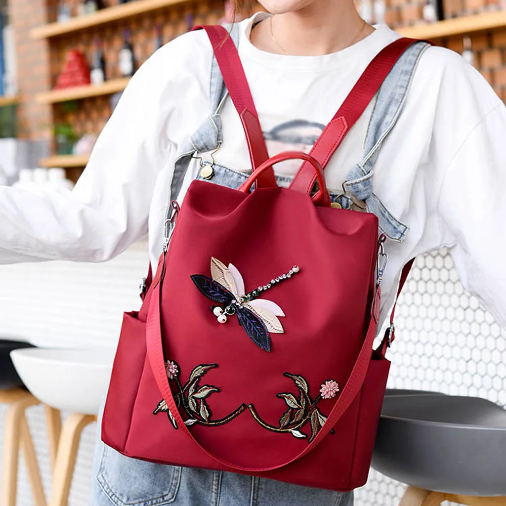 Для женщин нейлон школьные рюкзаки для девочек-подростков, Женская обувь в ретро-стиле с вышитыми стрекозами и рюкзаки дорожный рюкзак Mochila Feminina# G3