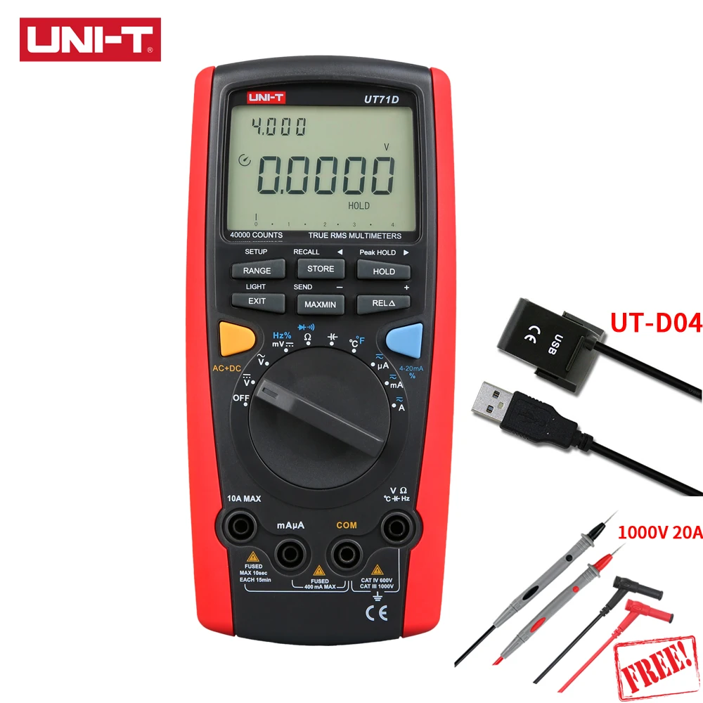 

UNI-T UT71D Intelligent Digital Multimeter True RMS 1000V Volt Amp Ohm Capacitance Meter Thermometer USB Interface PC Software