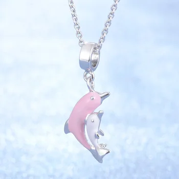 

Smart Sea Animal Dolphin Design The Mother With Son Enamel Pink Lucky Jewelry S925 Sterling Silver Snake/Cross Chain Necklace