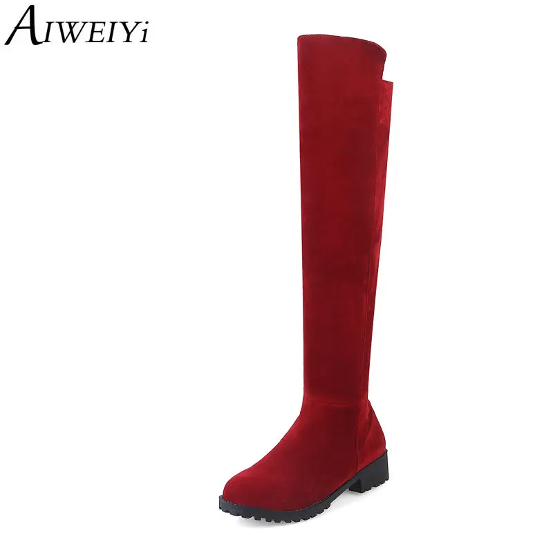 

AIWEIYi New Sexy Over the Knee Boots for Women Flock Skin Round toe Low Heels Platform Shoes Woman Warm Winter Martin Boots