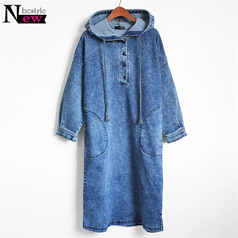 2019 New Women Denim Dress Casual Loose Denim Dresses Pockets Long Dress Cowboy Women Hooded Jeans Dress Plus Size Dropshipping