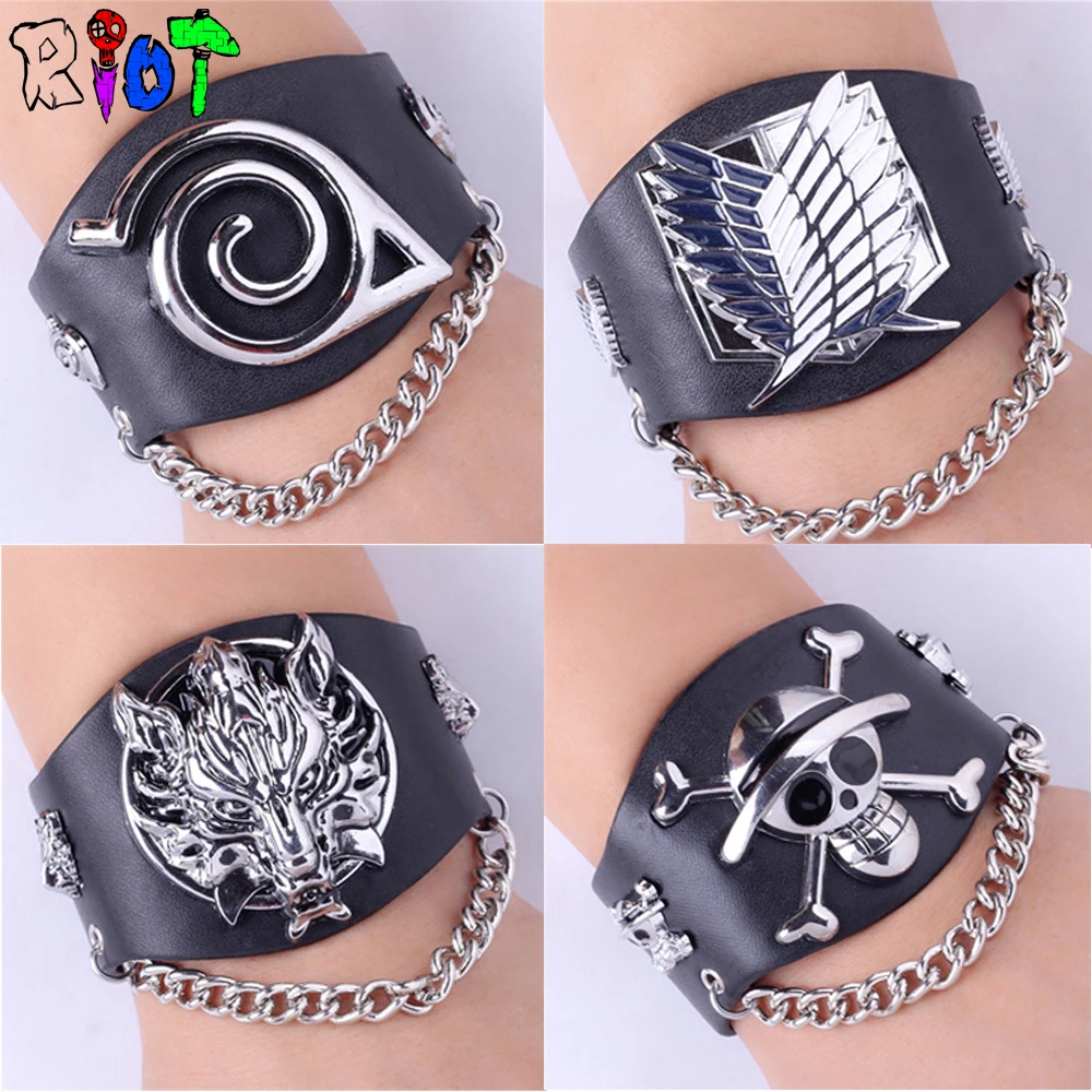 

Anime game One piece Naruto Attack on Titan Final fantasy Wide leather Buckle Rock Punk chain bracelet charms Unisex gift Bangle