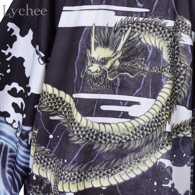 Lychee Винтаж Лето для женщин кардиган Дракон волны печатных шифон защита от солнца кимоно рубашка верхняя одежда