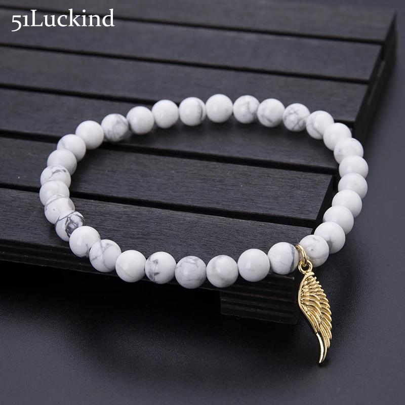 

Punk 6 mm White Natural Stone Beads Bracelet Fancy Gold Color Feather Braclet For Mens Hand Jewelry Accessories Pulseira Homme