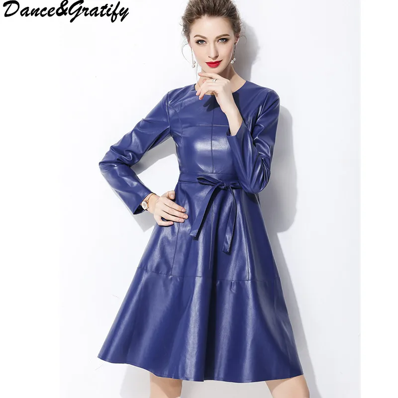 

Women Unique Design PU Leather Runway Dresses 2018 Spring Autumn Winter New Big Swing Party Office Work Dress Plus Size 3xl