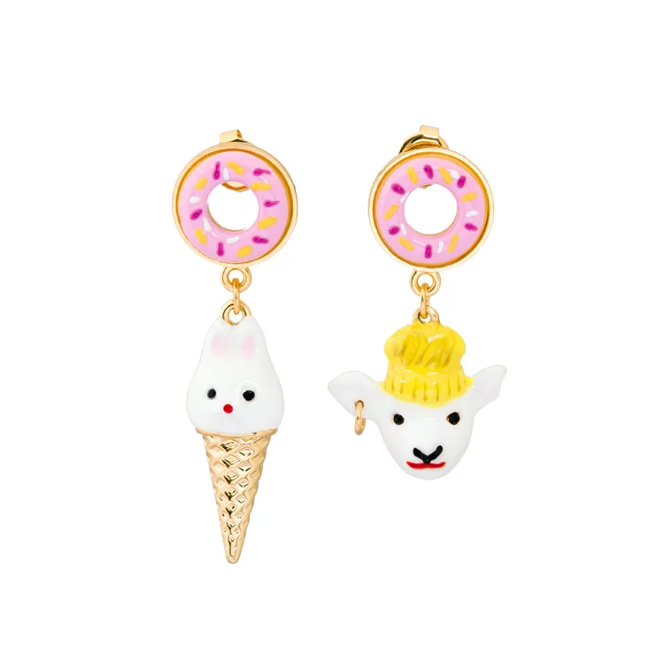 

Goat Ice Cream Bread Circle Asymmetric Enamel Earrings Women brincos 2017 Trendy Animale Fashion Jewelry Oorbel Ohrringe Studs