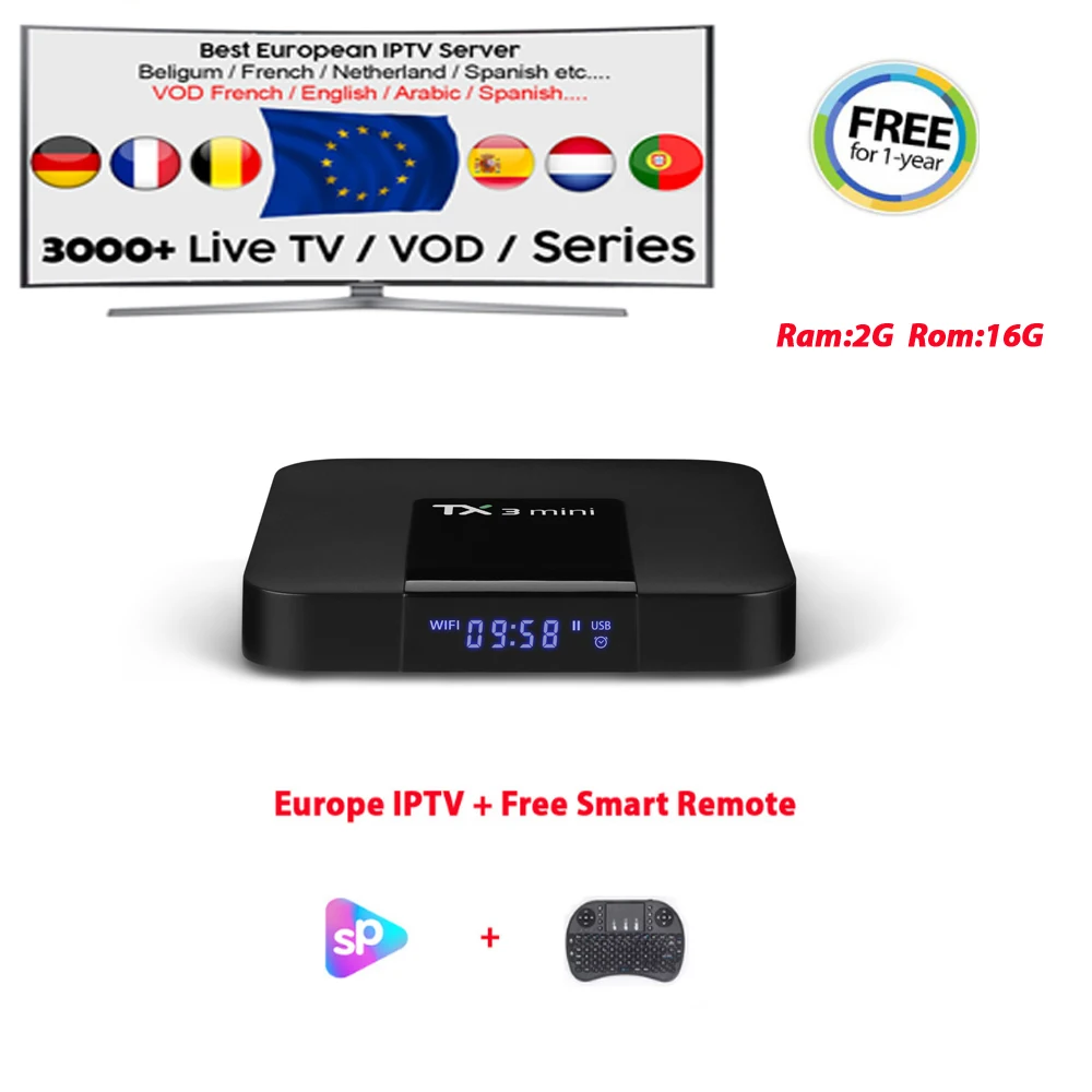 

TX3MINI 2G TV Box Android 7.1 4K Support World IPTV 2500+Channels Live APK Europe Arabic English Turkey 1 Year Free French Box