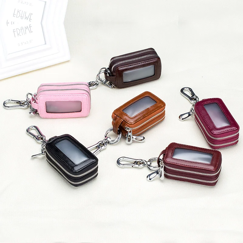 Key Holder Genuine Cow Leather Home Car Keys Double Pocket Zipper Mini Wallet Transparent Pocket Men Women