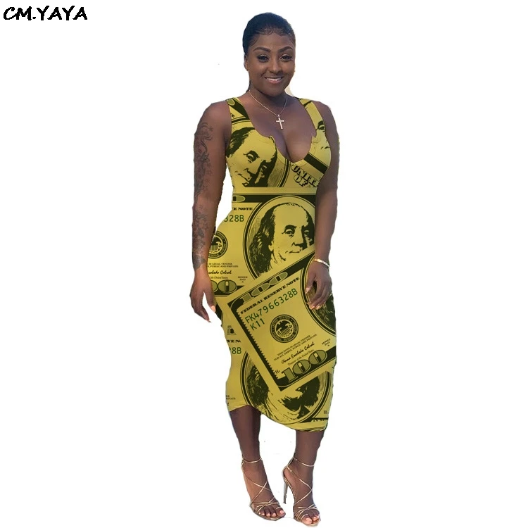 

2019 women summer US Dollar print bodycon midi tank dress night club party pencil dresses vestidos outfit 2 color DF0642
