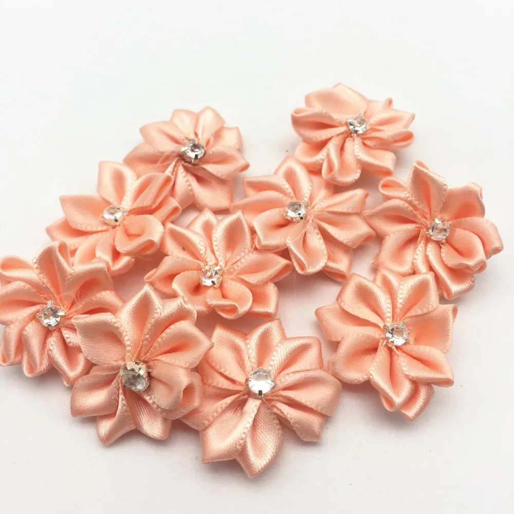 100pcs 25mm Peach Satin Ribbon Diamond Flowers Rhinestone Centered