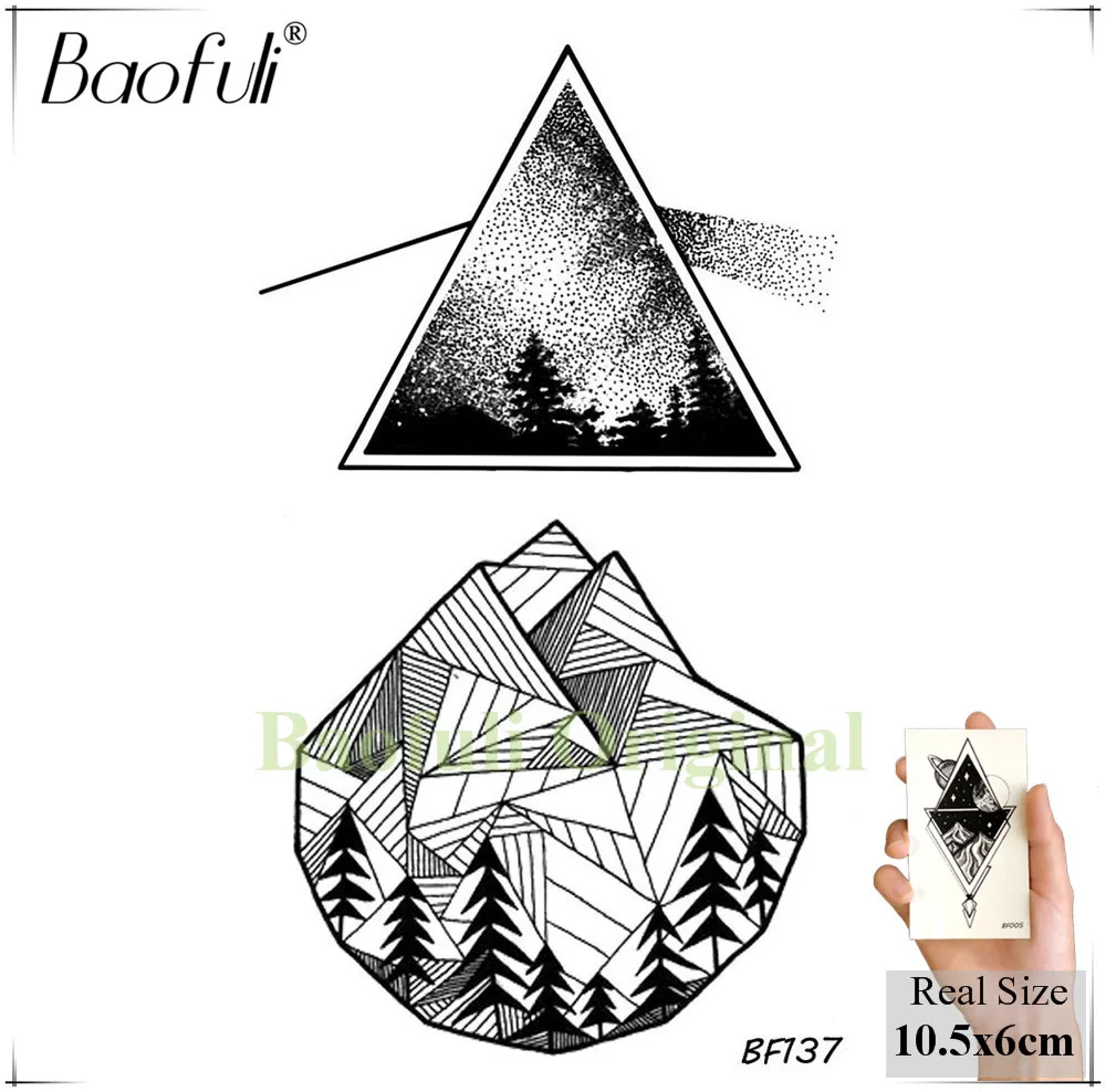 Baofuli المحيط موجة الجسم الفن تاتو هندسية مثلث المؤقتة الوشم الأسود وهمية الوشم Forset الماس الجبلية غالاكسي النساء الرجال