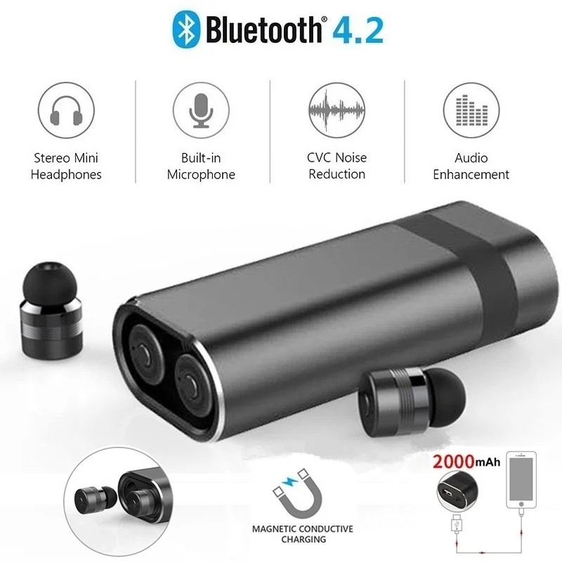 

1 Pair Mini Wireless In-Ear Bluetooth 4.2 Earphone With Magnetic Charger Power Bank Earbuds Stereo Hifi Noise Reduction