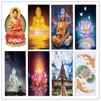 

3D Door Stickers Respected Buddha with Pretty Orchid Door Wall Stickers Bedroom Home Decor Poster PVC Waterproof Wallpaper Mural