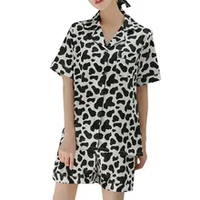 Модные женские туфли моделирование шелк печати Корова пижамы с принтом пижамы ночное комплект летнее шифоновое платье 40mi03