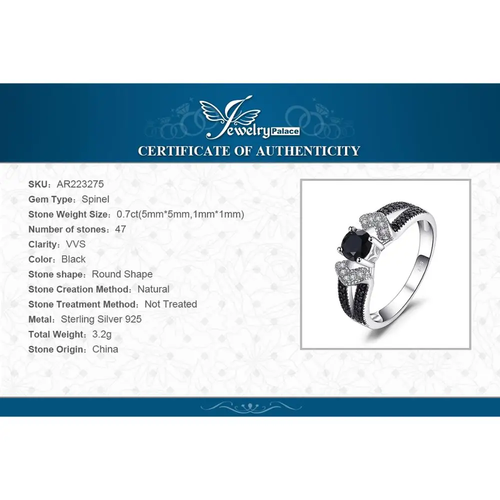 Jewelrypalace элегантный 0.8ct естественным черной шпинели Обручальные кольца Кольца для Для женщин из натуральной 925 серебро себе ювелирные изделия