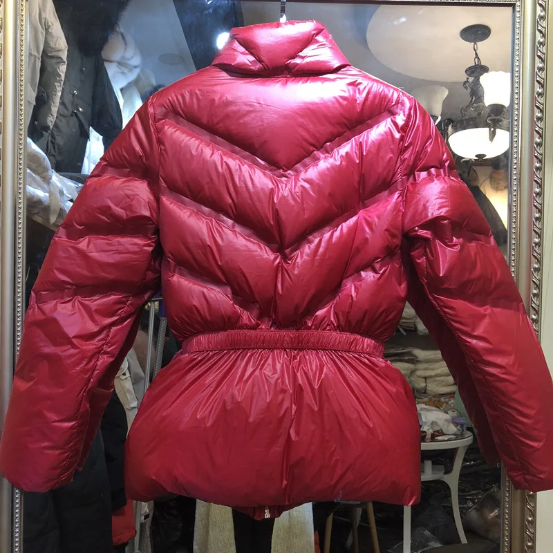 

2019 Women Down Jacket Slim Coat Outwear Adjustable Waist White Duck Down Fashionable Clothing Red Top Quality