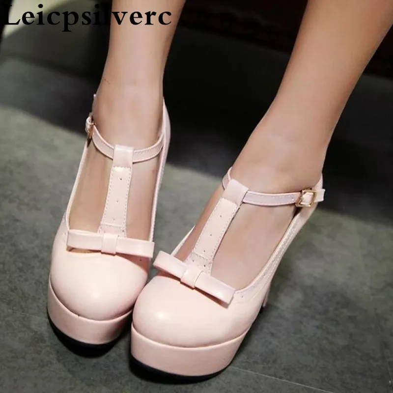

Autumn new T type belt with thick waterproof table high heel women shoes sweet bow high heel shoes