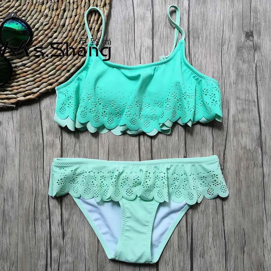 

7-14 Year Girl Swimsuit Kids Teenager Girl Bikini Set Hollow Out Two Piece Children Swimwear Falbala Girl Bathing Suit Swim Wear