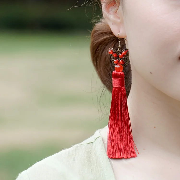 

FREE SHIPPING Red A gate or Green Chalcedony Beads Hollow Butterflies Tassels Chinese Mercerized Lines Earrings Ethnic Jewelry