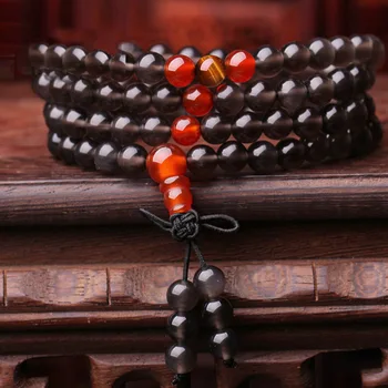 

Natural 6mm Black Obsidian beaded Tibetan Buddhist 108 Prayer Beads Necklace Gourd mala Prayer Bracelet for Meditation