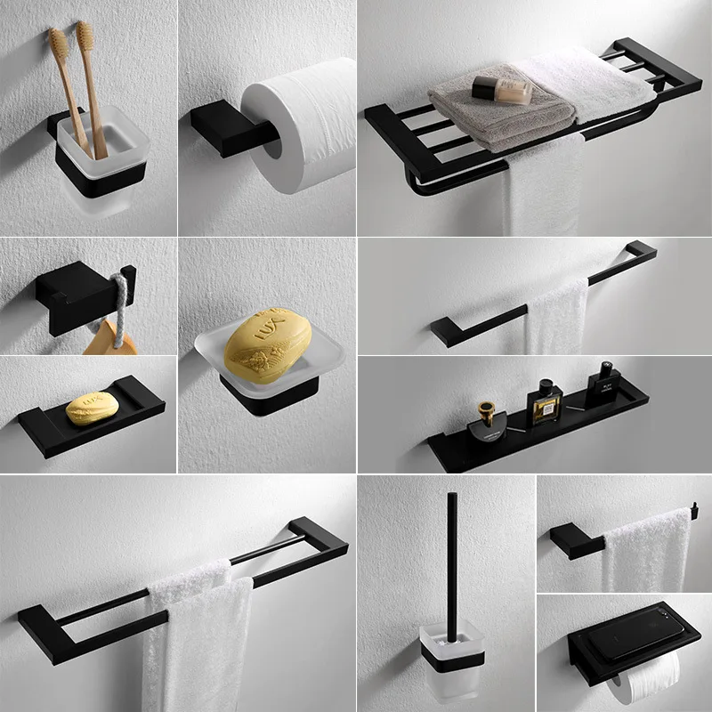 Black Square Bath Hardware Set Wall Mount Solid Stainless Steel