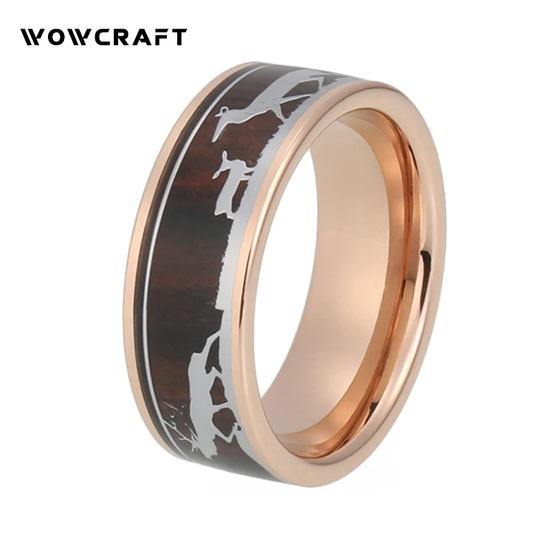 8mm Mens Womens Rose Gold Tungsten Carbide Ring Deer Family Black wood Inlay Engagement ring Wedding Band Father's Mother's Gift Fashion Jewelry