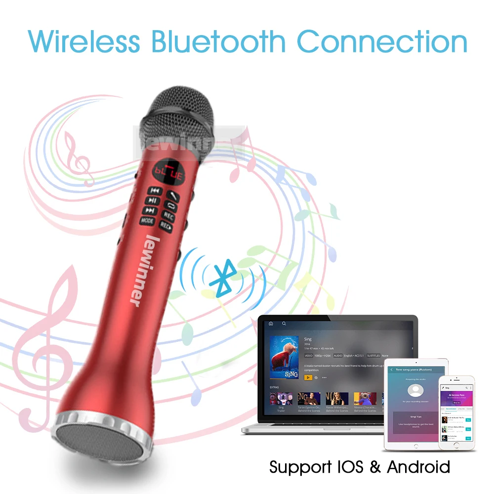 Lewinner L 598 беспроводной микрофон ручной караоке Bluetooth динамик светодиодный экран TF