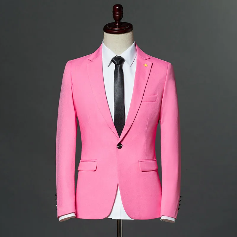 2018 Mens Korea Style Slim Fit Pink Blazer Jacket Men Leisure Masculino