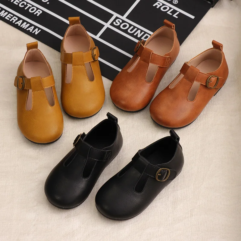 

Girls T-shape Princess Shoes Baby Leather Shoes Mary Janes Princess Shoes Retro Children Shoes Hook Loop Party Dress Flats 21-30