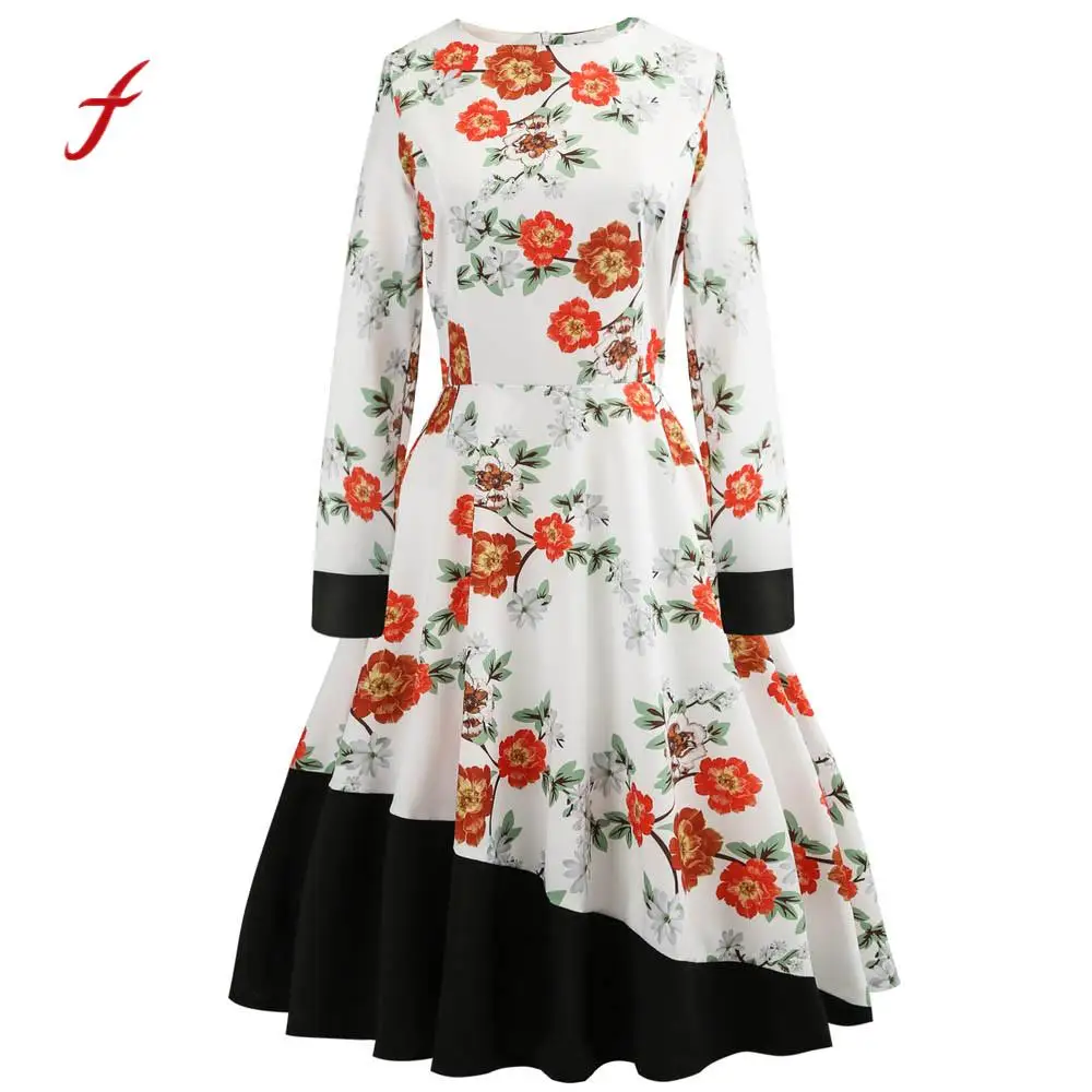 hot Women 1950s style dress Vintage Floral Bodycon Long Sleeve Casual