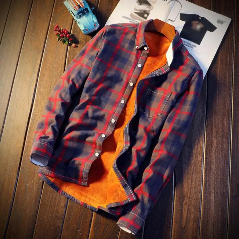 Мужская клетчатая фланелевая рубашка, мужская повседневная Осенняя зимняя Весенняя плотная Теплая Флисовая хлопковая рубашка с длинным рукавом, 5XL Корейская мужская 4829 - Цвет: Red plaid
